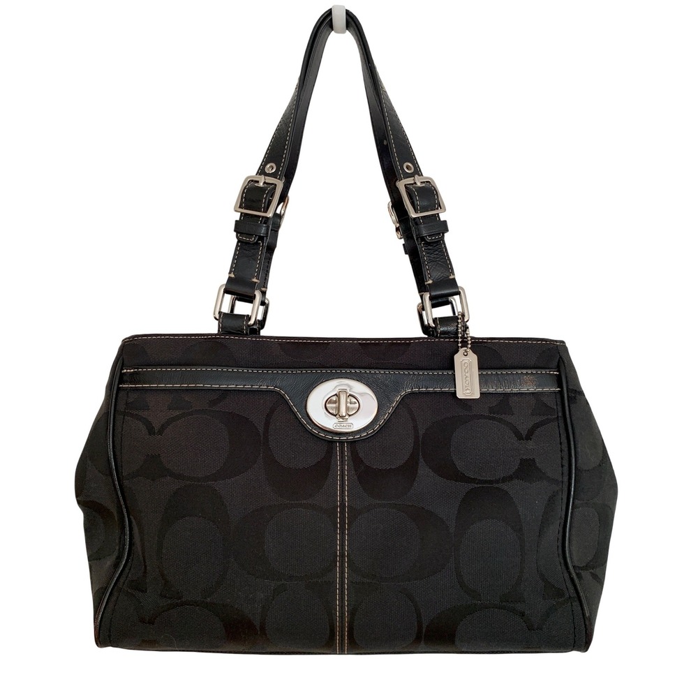 Coach Hampton Black Signature Jacquard Canvas Turnlock Satchel Silver Hardware